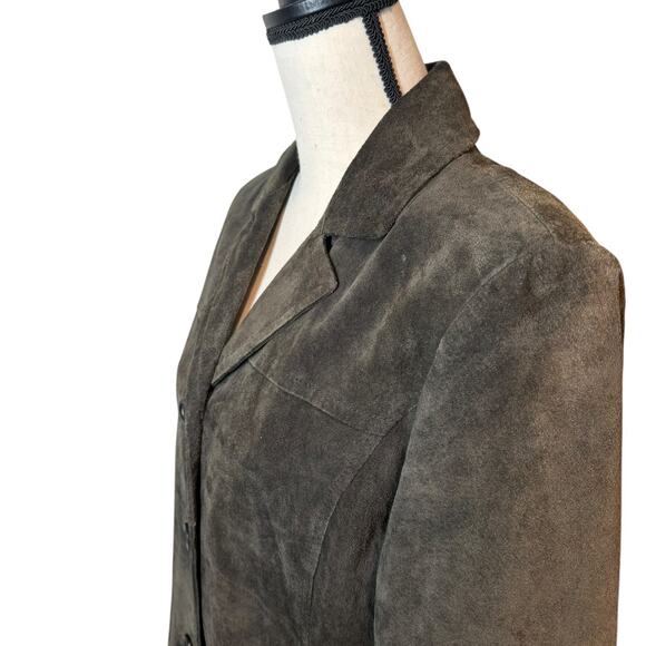 Vintage Express Dark Brown Longline Suede Jacket Medium 90s Y2K‎ Minimal Classic - Picture 3 of 10